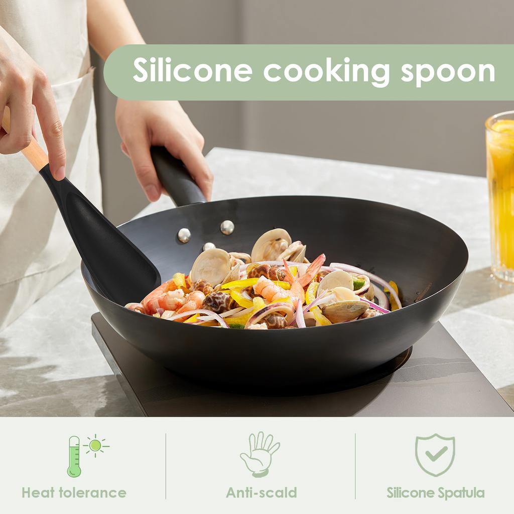 2-8Pcs Silicone Spatula Cooking Spoon Wooden Handles Rice Scooper Nonstick Spatulas for Baking Cooking Mixing Kitchen Utensils