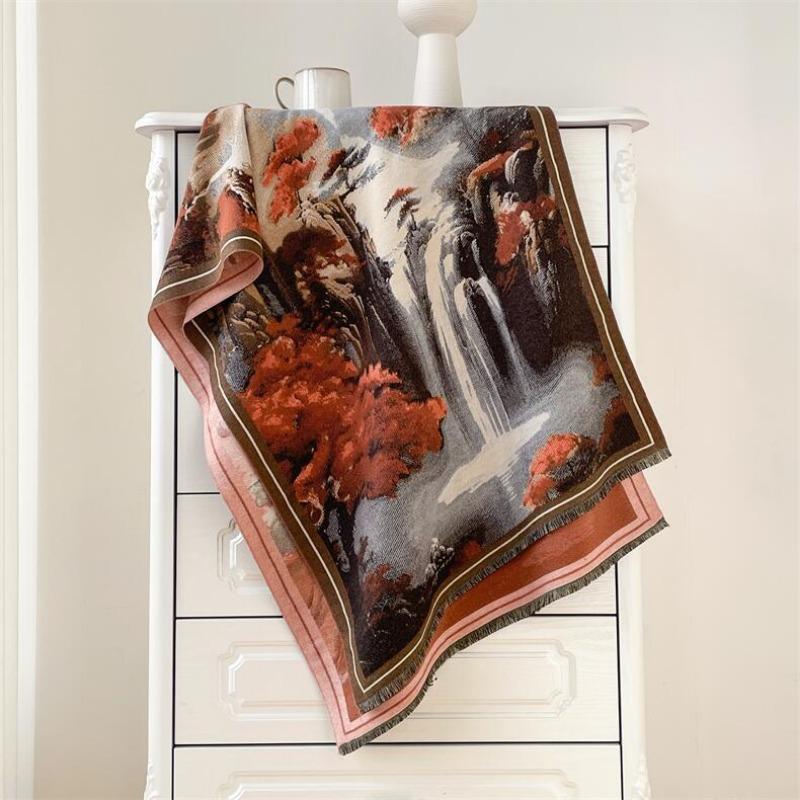Winter oil painting style scarf women's plate four shuttle imitation cashmere shawl thickened warm fringed scarf