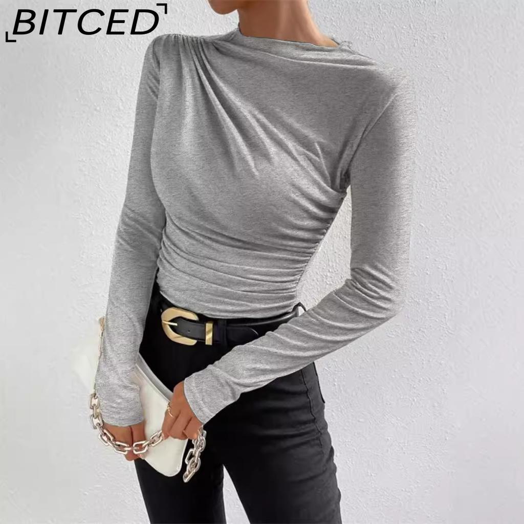 BITCED Women's Solid-Colour Slim-Fit Base Layer Top Versatile Pleated Detail Long-Sleeved T-Shirt