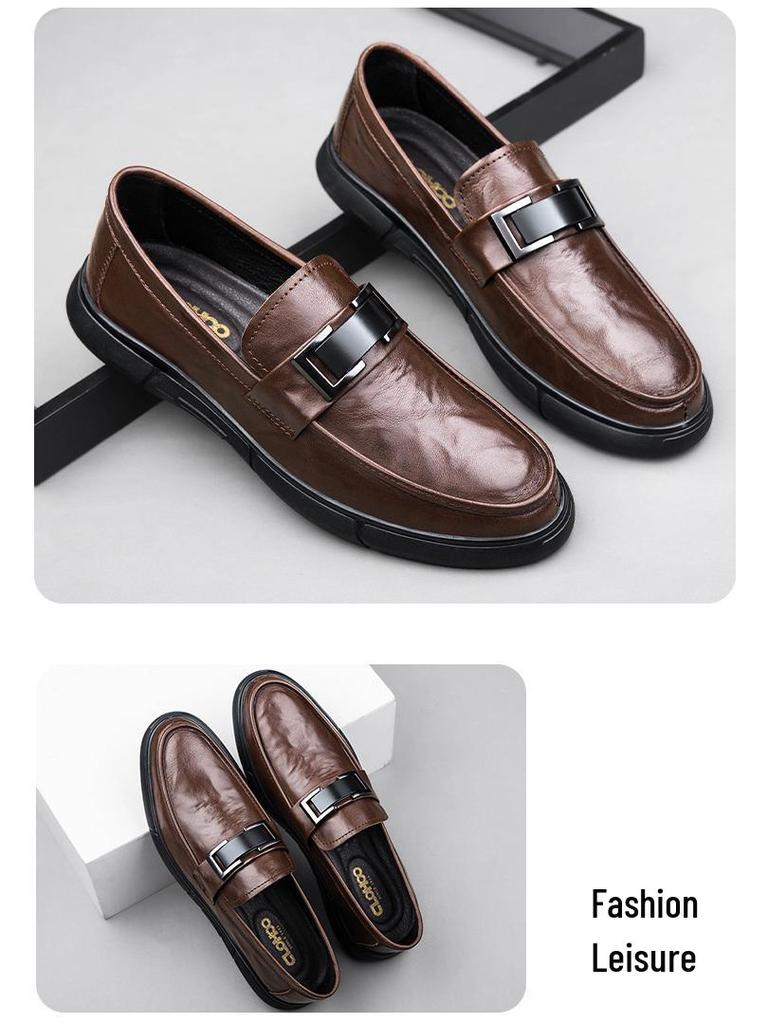 Men's British Style Cowhide Slip-On Leather Shoes: Versatile, Height-Increasing, Trendy for Casual or Wedding Wear.