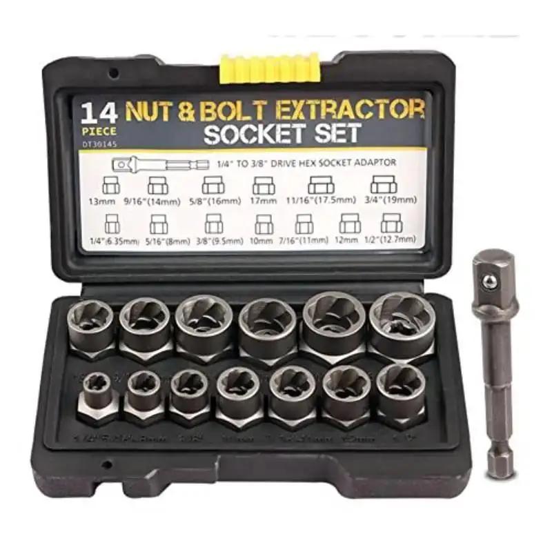 2025 New 3/8” Drive Impact Bolt Nut Extractor Set 13 Pcs Lug Nut Remover Kit Twist Socket Tool Set with A 1/4” Hex Drive