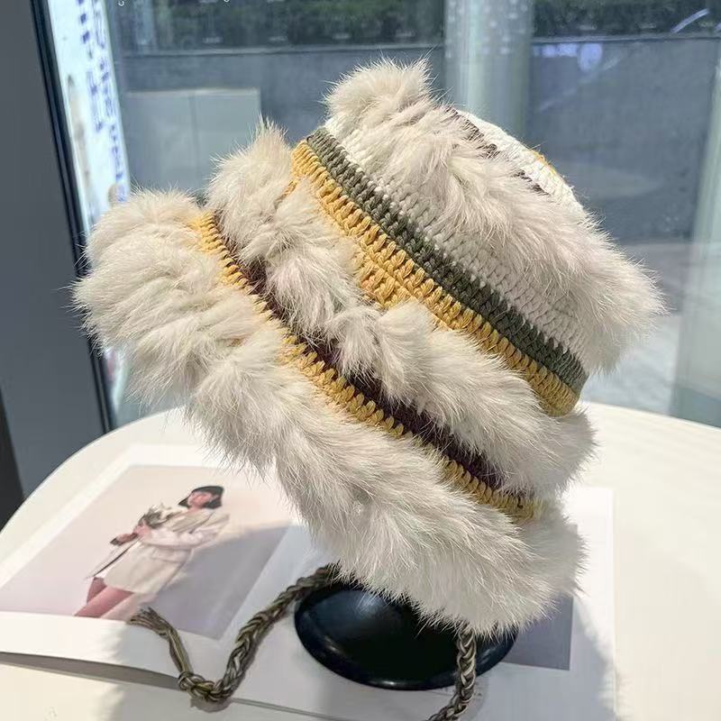 Mao Mao Hat Real Mao Rabbit Plush Fur Hat Versatile Cold-proof Warm Wool Knitted Baotou Hat Women's Winter