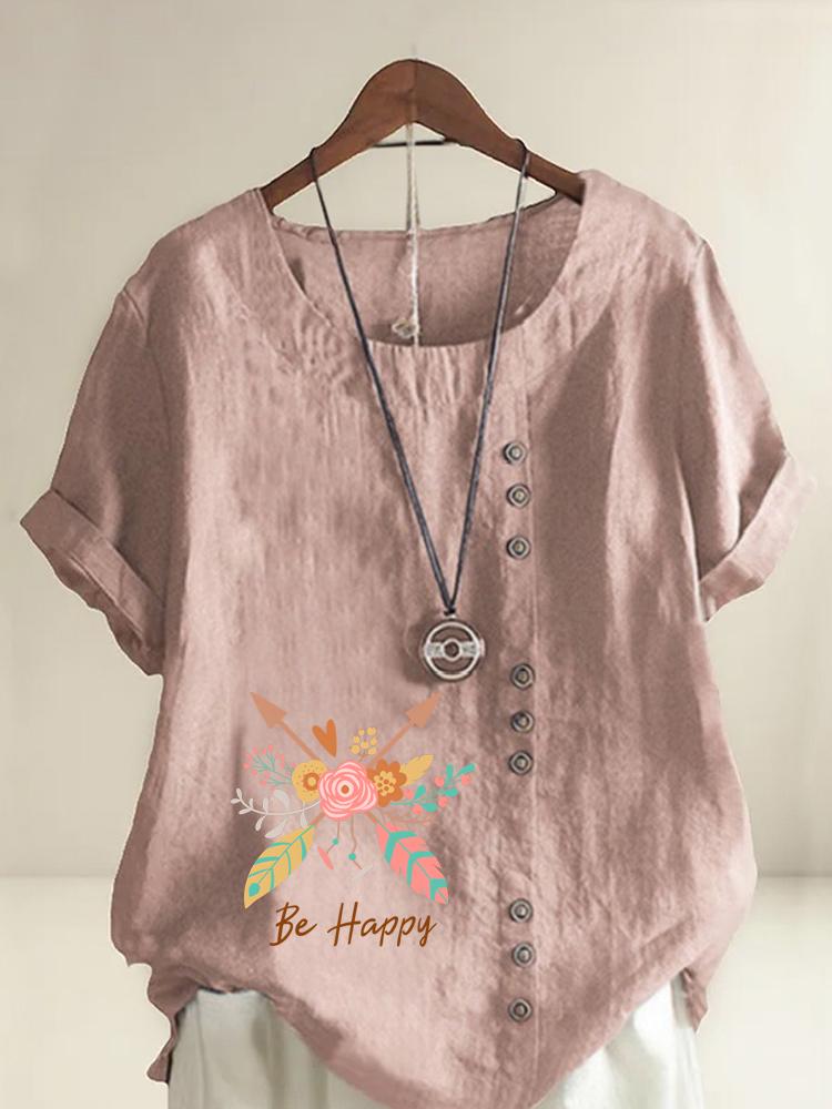 

Women s Fashion Feather Arrow Flower Print Round Neck Short Sleeve T-shirt Summer Casual Cotton Linen Graphic Shirt Leisure Loose Blouse Tops S
