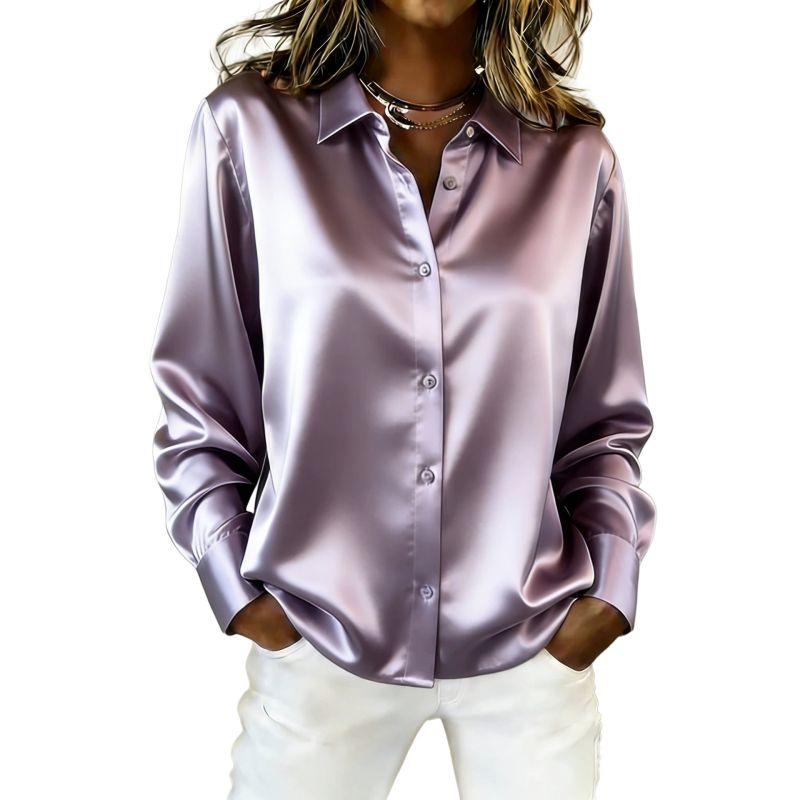Women's Solid-Color Satin Long-Sleeve Button-Down Shirt
