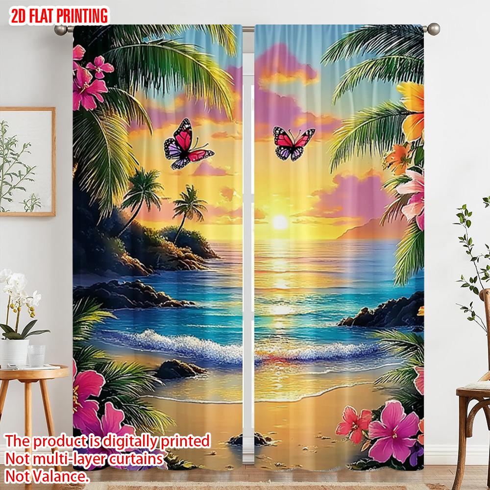 Set Of 2 Plane Printing Popular Curtain Panels Vibrant Flowers Palms Polyester Easy Install Without Rod Versatile All Use Curtains Made