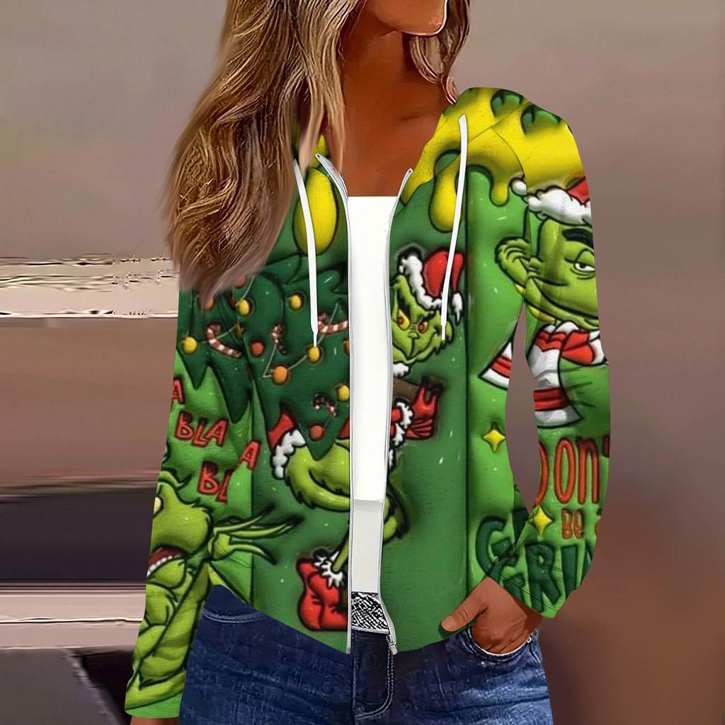 Women's Fashion Christmas Print Casual Zip-Up Long-Sleeved Hooded Jacket