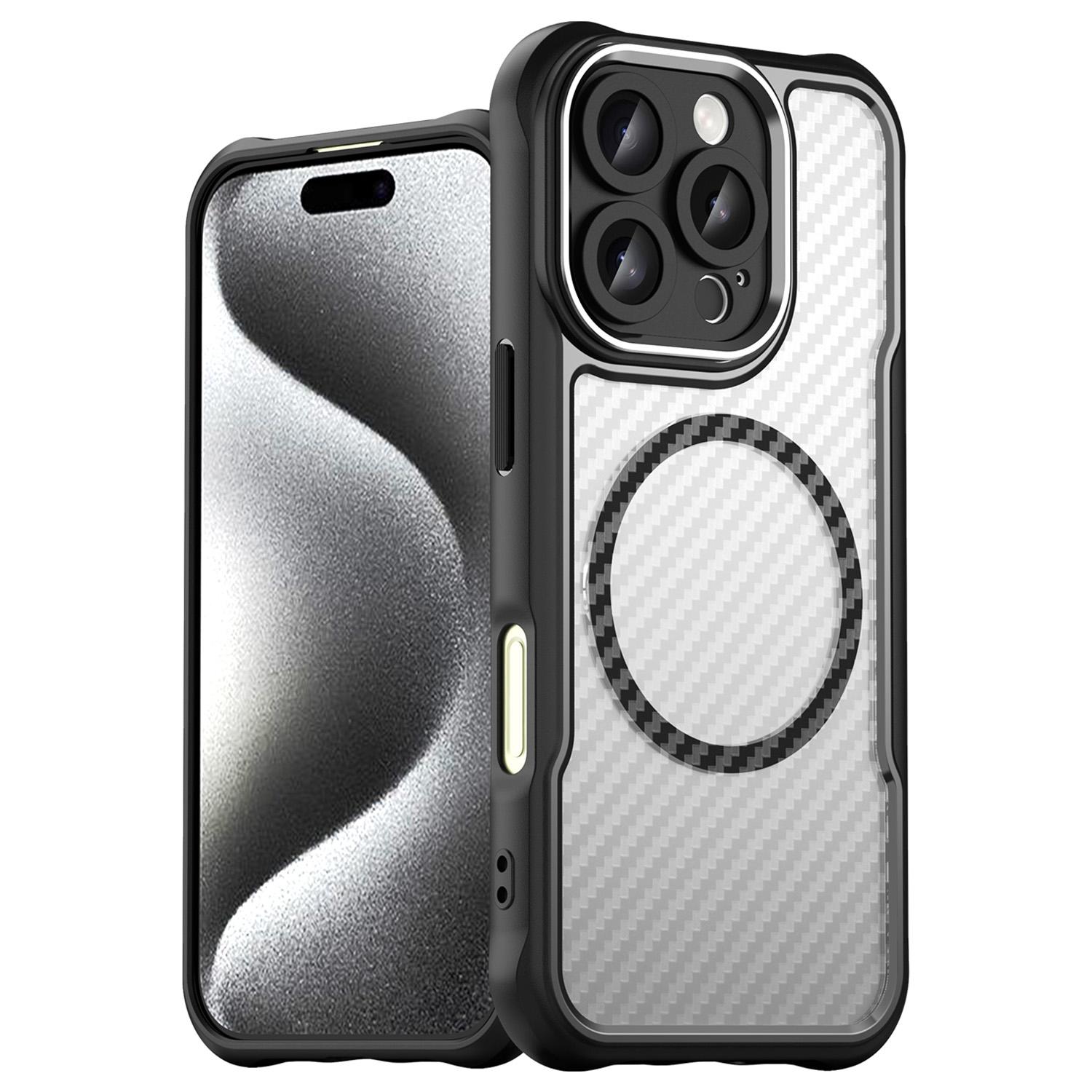 

For iPhone 16 Pro Max Magnetic Case Carbon Fiber Texture TPU+PC Phone Cover Black