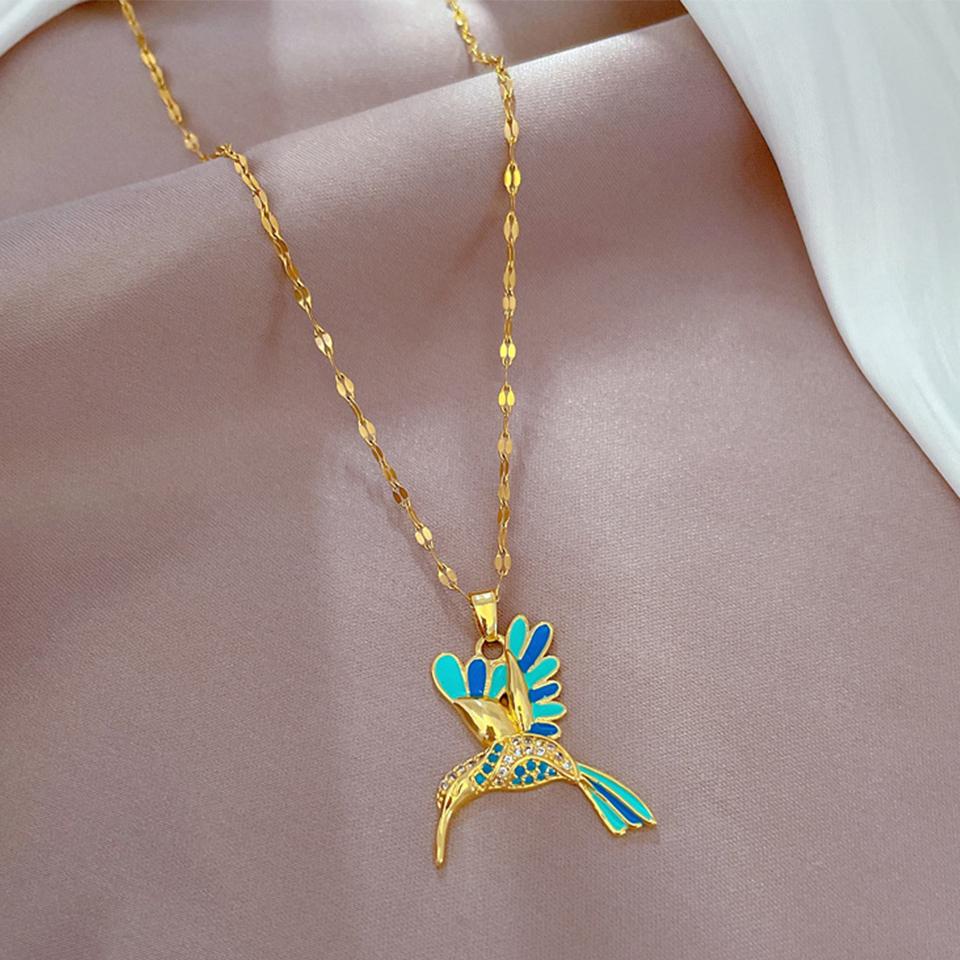ZAKOL Cute Inlaid CZ Blue Woodpecker Necklace Titanium Stainless Steel Gold Color Chain Animal Pendant Choker Accessories
