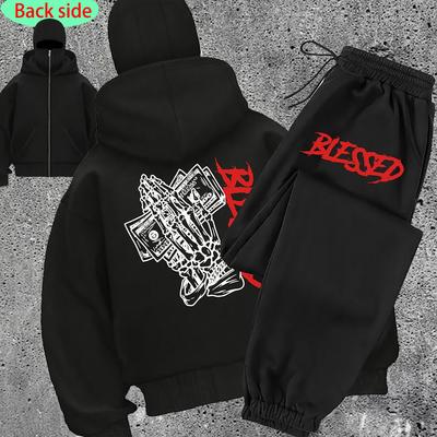 Women'S Fashion Trendy Pattern Print, Balacl Double Hat Double Neck Zipper Hoodie and Pants Set