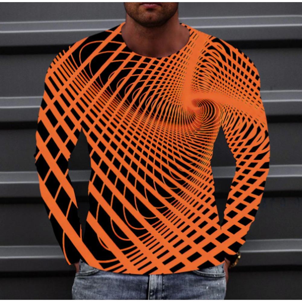 Swirl Line Grid Print Men's Tshirts Long Sleeve Tees Round Neck Casual Pullover Men's Clothing Plus Size, Christmas Holiday Fashion Tee