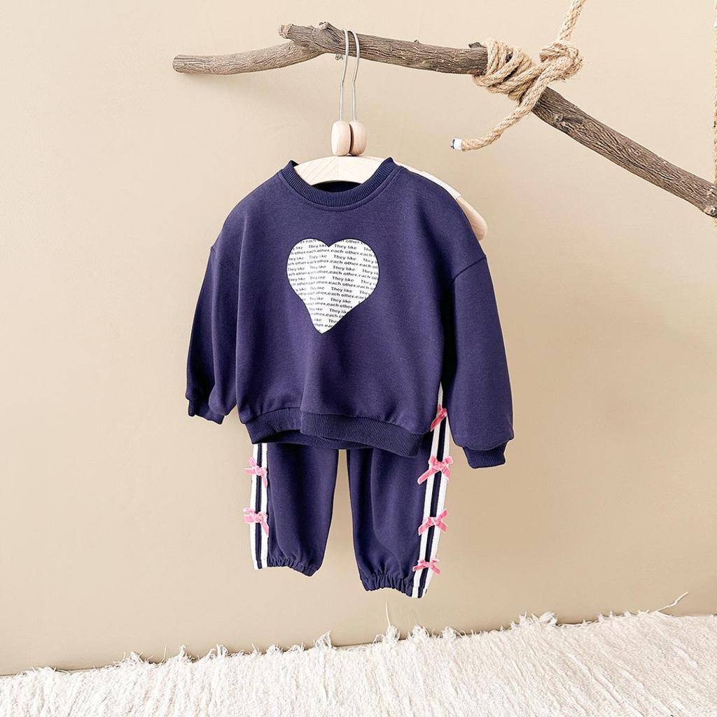 Children's Wear 2026 Spring/Autumn Heart Print Top & Bowknot Pants Girls' Set
