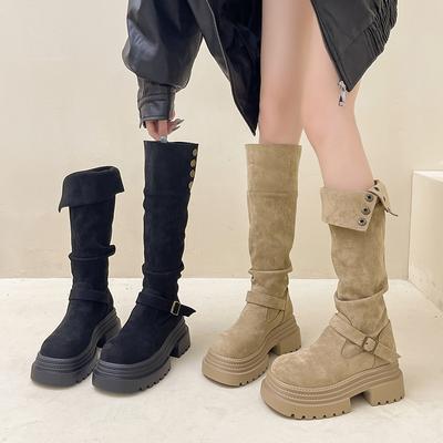 Retro British Style Thick-heeled Thick-soled Boots for Women's Autumn and Winter Fashion Versatile Suede and Thin Two Wear High-heeled Knight Boots