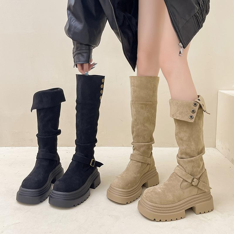 Retro British Style Thick-heeled Thick-soled Boots for Women's Autumn and Winter Fashion Versatile Suede and Thin Two Wear High-heeled Knight Boots
