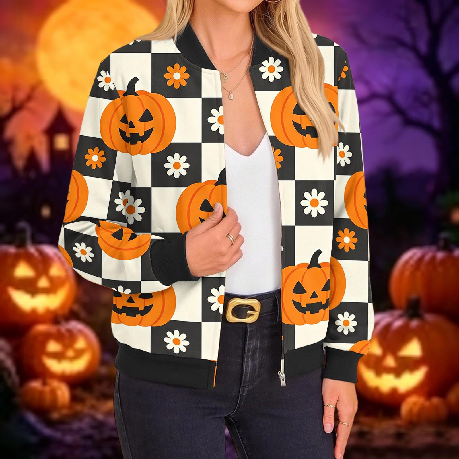 Women s Long Sleeve Halloween Print Round Neck Zip-Up Jacket L