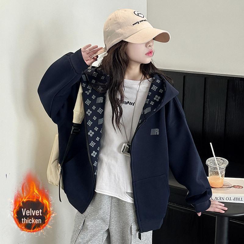 Girls' Hooded Fleece Jacket: 2025 Spring/Autumn Fashion, Korean Style Print for Big Kids