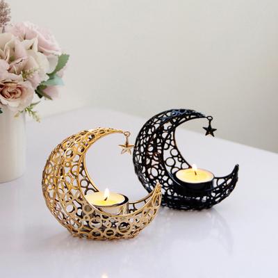 Luxury Golden Crescent Moon Star Ramadan Candle Holder Hollow Metal Candlestick Holder Home Decor Table Ornament