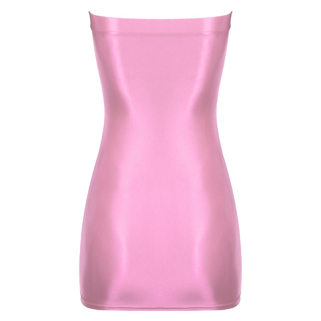 Women's Glossy Sheer Strapless Mini Dress Bodycon Sleeveless Tube Night Club Short Dress