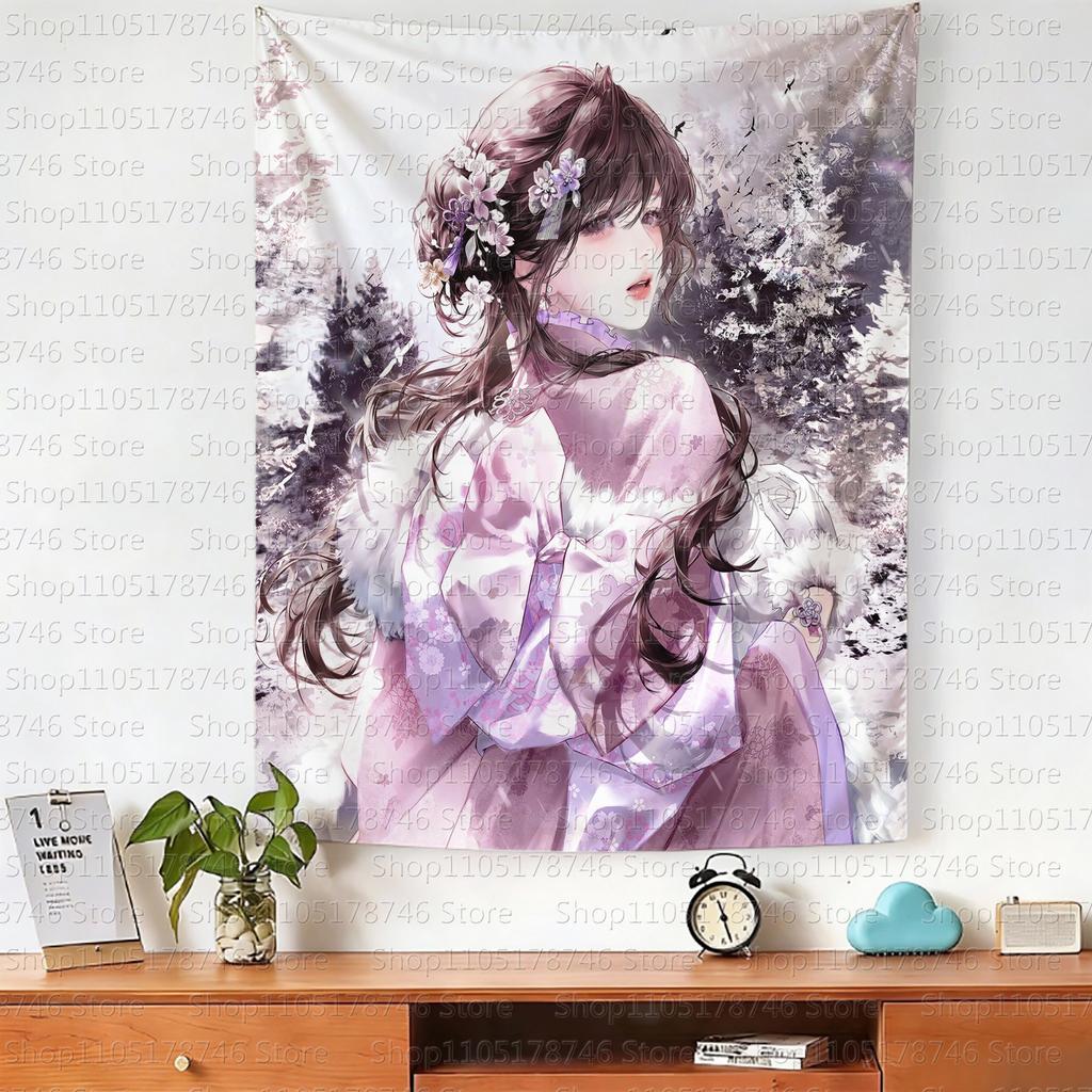 Chinese Cartoonstyle Girl Hanging Cloth Cartoon Dormitory Bedroom Bedside Tapestry Wall Background Cloth House Decorative Cloth