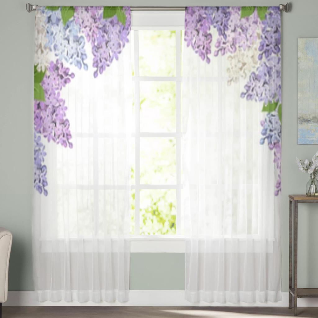 Lila, blau und weiß, lila Blumen, transparente Vorhänge für Wohnzimmer, Fenster, transparenter Voile-Tüll-Vorhang, Schlafzimmer-Vorhänge