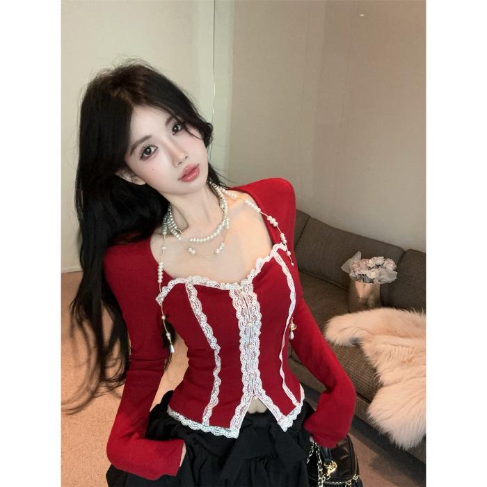

Women s Square Neck Slim Fit Lace Patchwork Top - Long Sleeve, Cropped, Autumn/Winter Style L красный