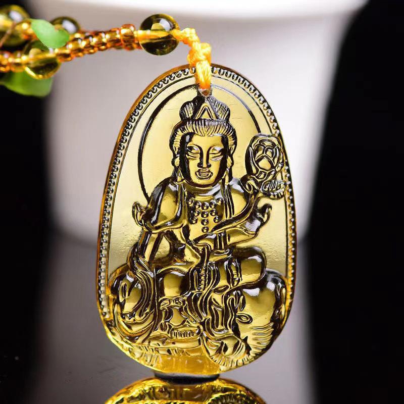 Yellow Crystal Necklace Long Sweater Chain Manjushri Pendant Amitabha Pendant Unisex Gift
