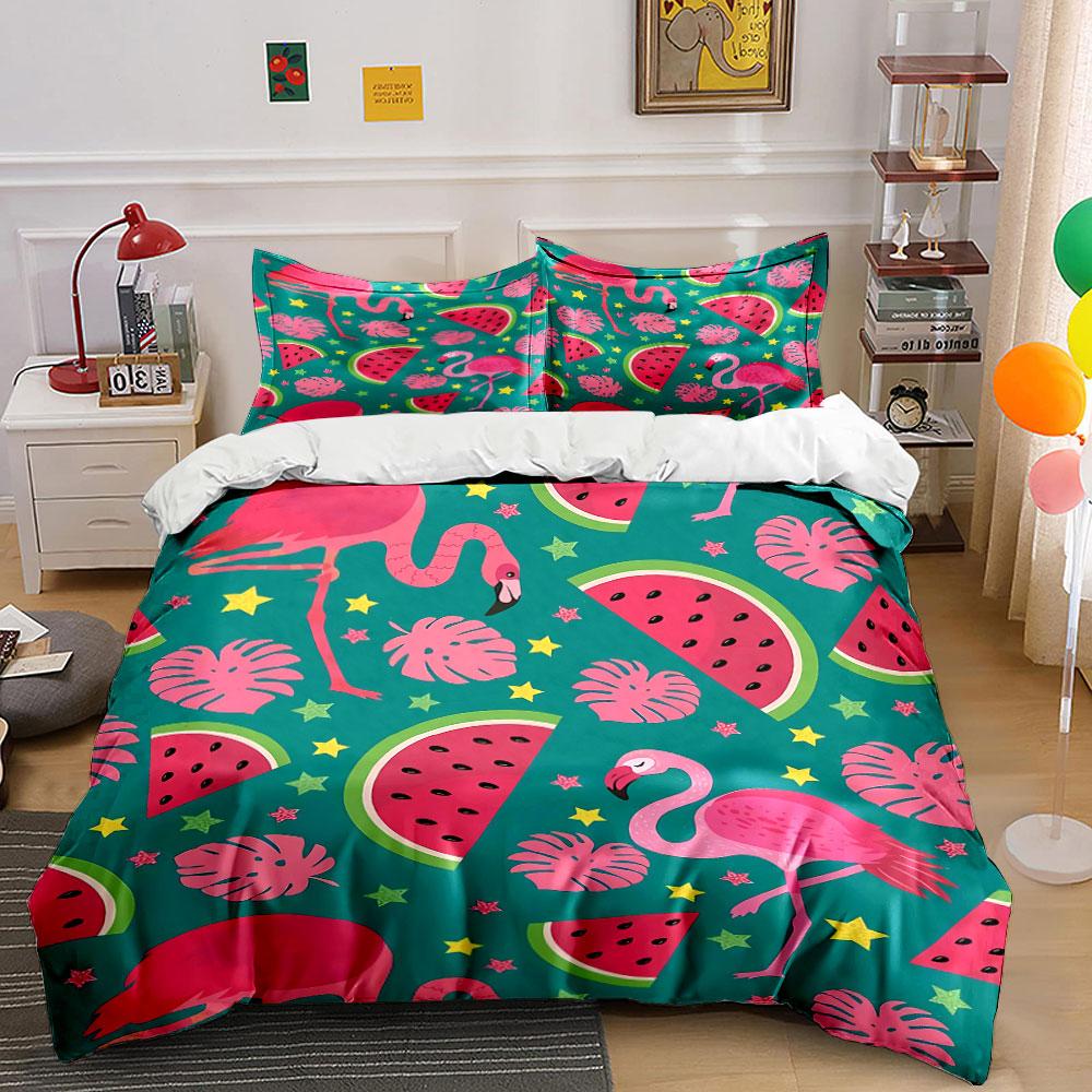 Flamingo & Watermelon Bedding Set Bedding Duvet Cover Set Duvet Cover Pillowcases (1 * Duvet Cover 2 * Pillowcases, Without Duvet Insert)