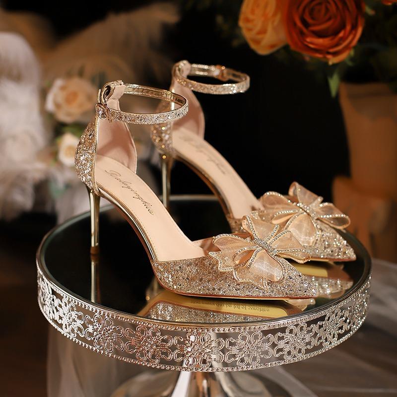 

High heels women s new models in the summer of 2024 with bows, beautiful wedding shoes, pointed head, shallow mouth, stiletto sandals women 39