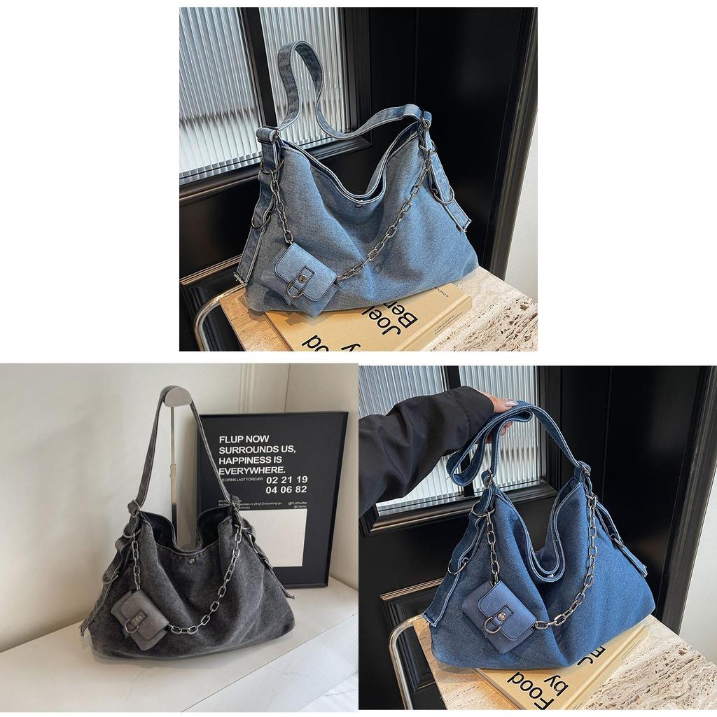 Retro Denim Casual Tote For Women With Large Capacity And Streetwear Design