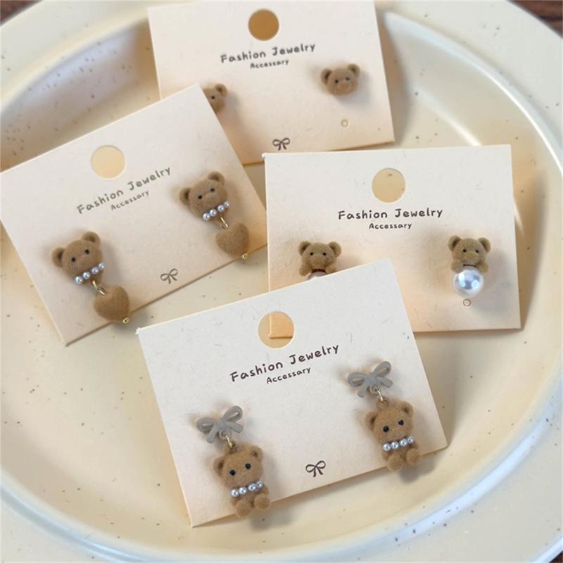 Autumn Winter Earrings Coffee Colored Flocking Bear Earrings Sweet Cartoon Style Ear Studs Suitable for Trendy Women