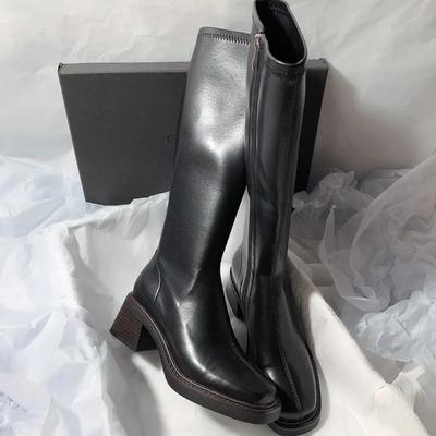 Klobiger Absatz Eckige Zehenpartie Einfarbig Leder Stretch Overknee Slim Stiefel Stil Mit Pullover Vier Jahreszeiten Mode Damenstiefel