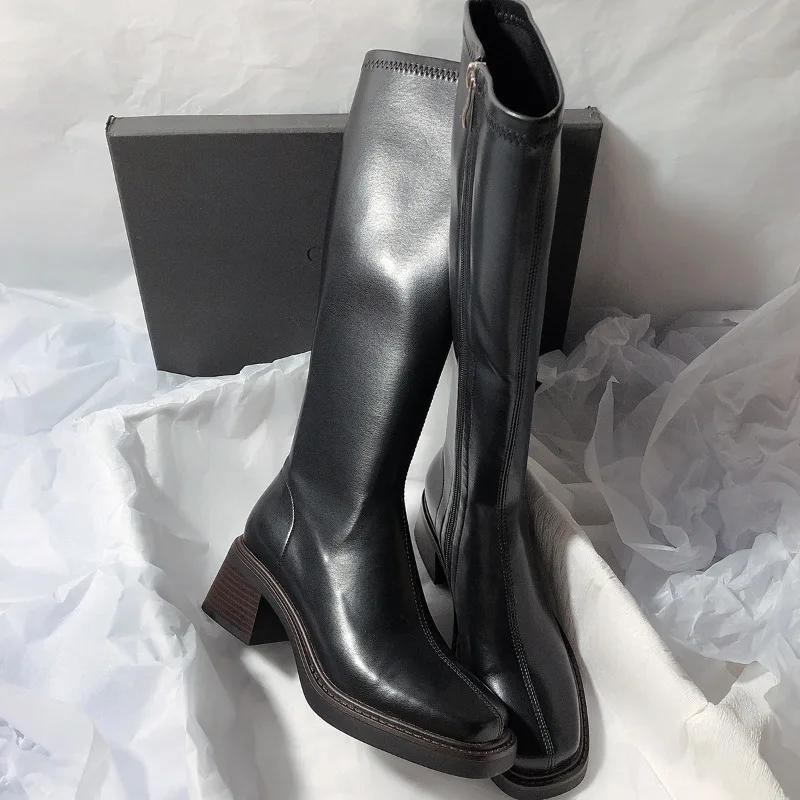 Chunky Heel Square Toe Solid Color Leather Stretch Over-The-Knee Slim Boots Style With Sweater Four Season Fashion Women Boots