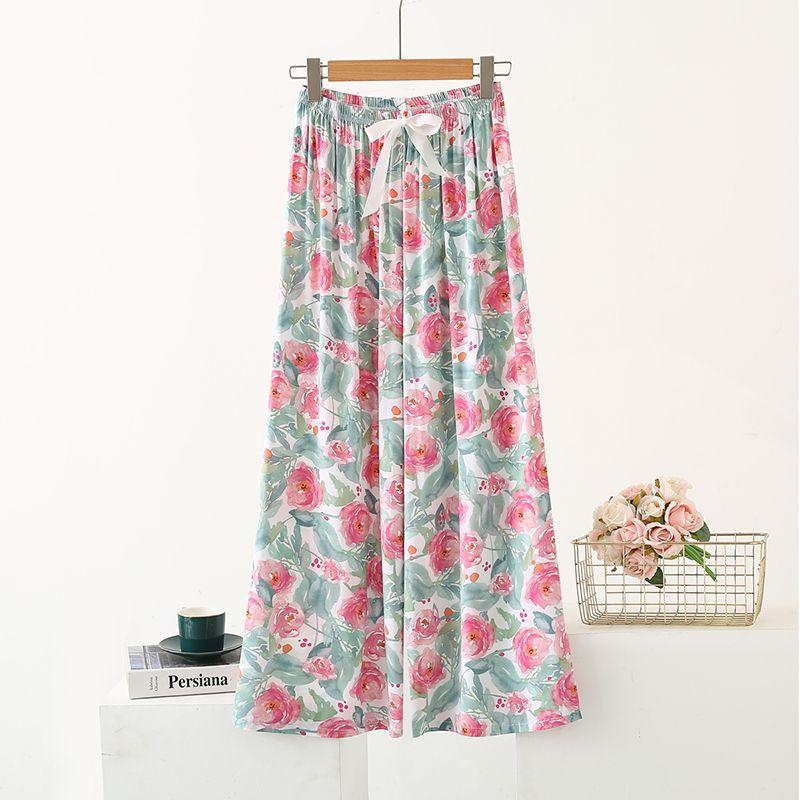 

Женские летние новые удобные хлопковые брюки, тонкие свободные и повседневные домашние цветочные широкие спальные брюки One size