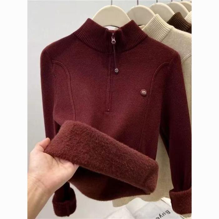 Autumn Winter Women's Thickened Stand Up Collar Sweater Half Open Collar Zipper Velvet Warm High Neck Pullover