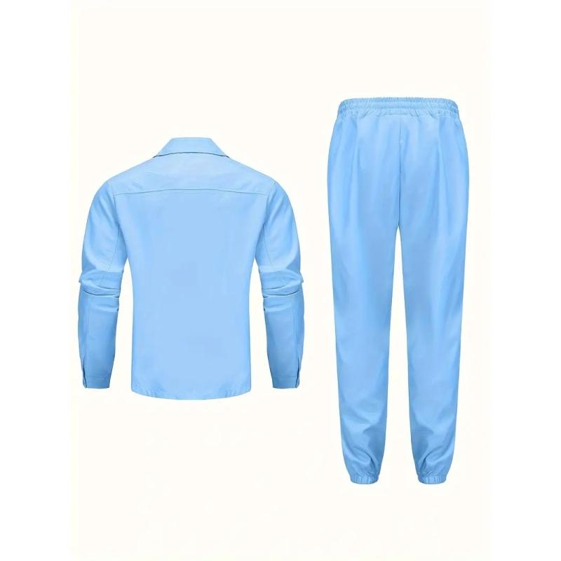Men's, Solid Color Long Sleeve Button Down Jacket with Chest Pocket and Drawstring Pants with Multiple Pockets, Outdoor 2 Piece Set