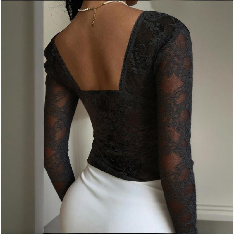 Sexy Backless Lace Long Sleeve Square Collar Slim Cropped Top For Women