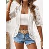 Elegant Women's Open Collar Contrast Lace Jacket - Lightweight Semi-Sheer Black & White Lace Panels, Spring Summer Fall Casual Chic Outerwear,