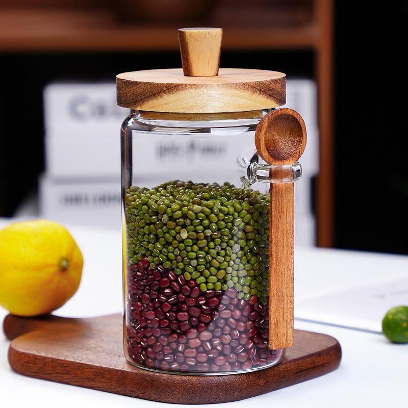New household thickened honey storage tank with stirring stick Acacia wood cover transparent glass food sealed jar