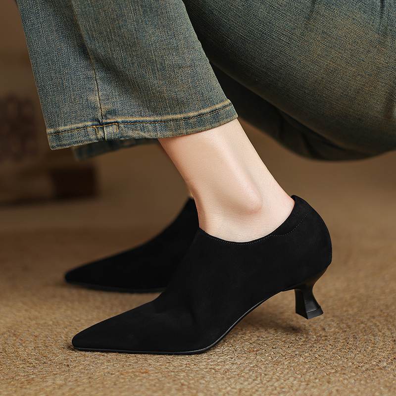 Krazing Pot Sheep Suede Autumn Winter Shoes Stiletto Med Heels Size 43 Size 42 Pointed Toe Concise Style Deep Mouth Pumps
