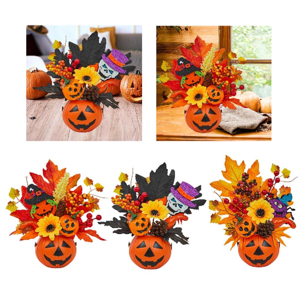 Foam Pumpkin with Bacca Flowers and Maple Leaves for Autumn Home Decoration