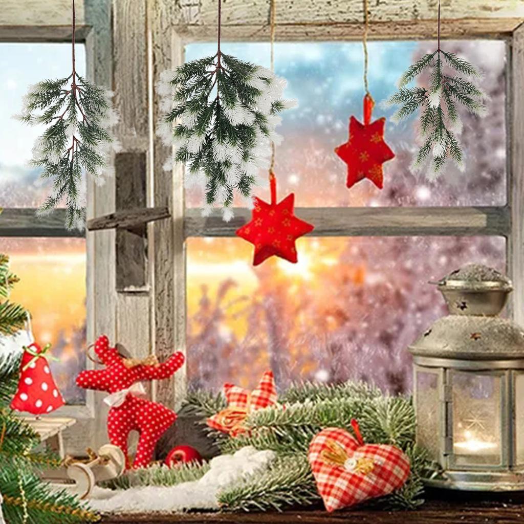 Snowy Artificial Pine Needles Branch Twig Frosted Pine Picks Greenery Stem for Crafts Wreaths Garlands Holiday Decor