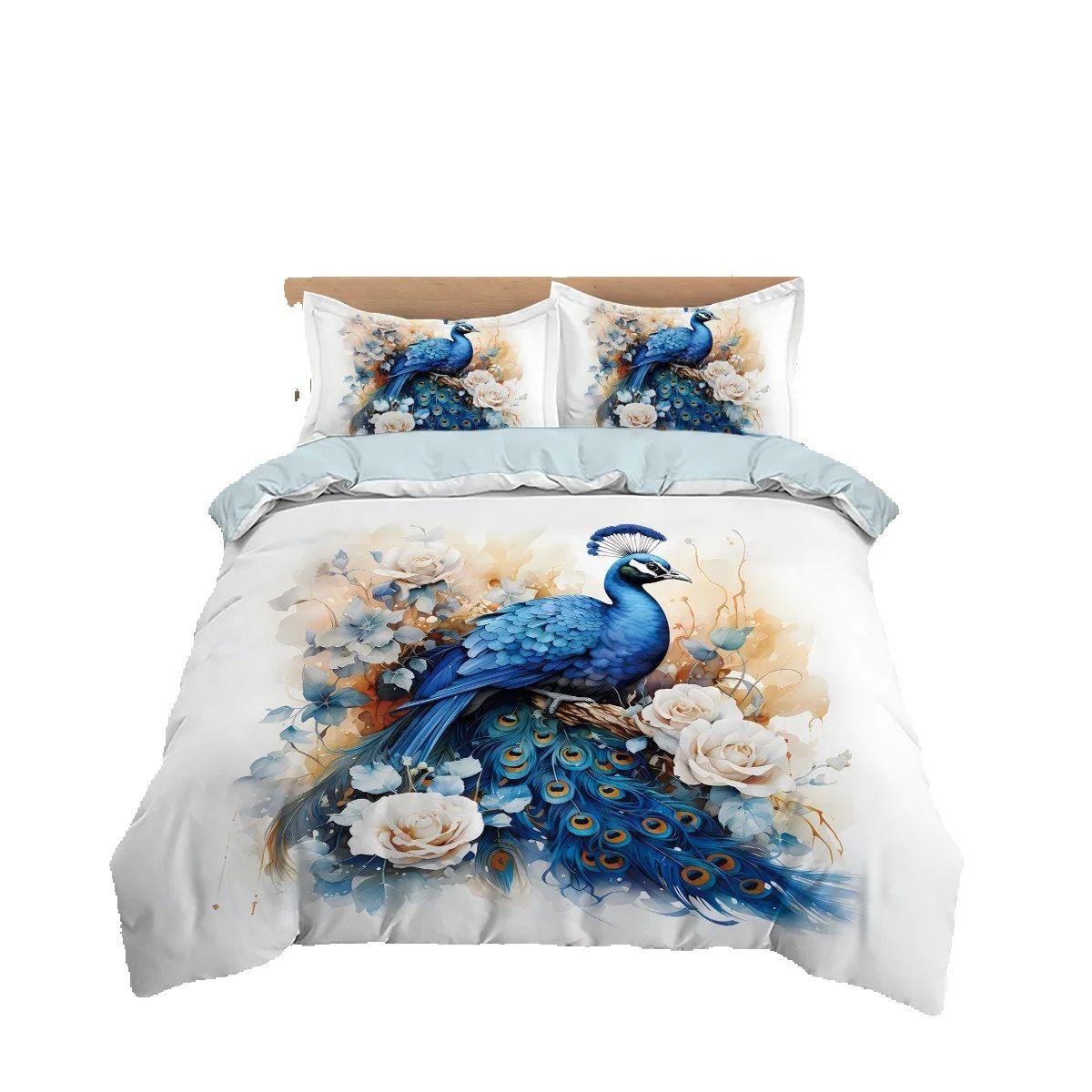3D Peacock Bedding Set Peacock Bird Animal Duvet Cover Gorgeous Blue Feather Quilt Cover Pillowcase,Queen Bedding Set