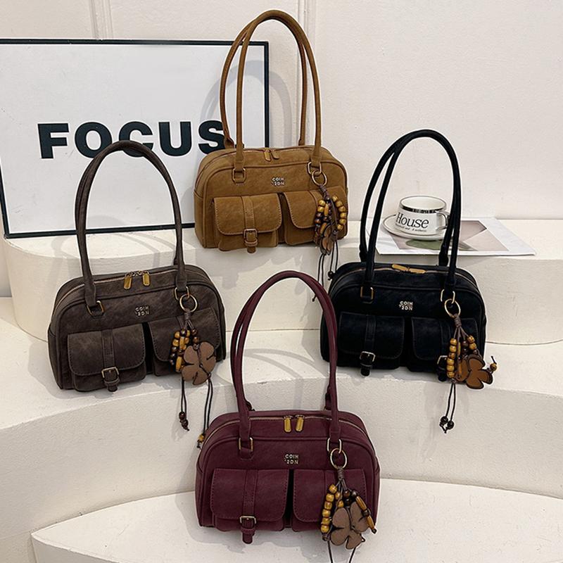 Womens Retro Solid Color Suede Leather Shoulder Bag with Multiple Pockets Large Capacity Comes with A Detachable Accessory Charm