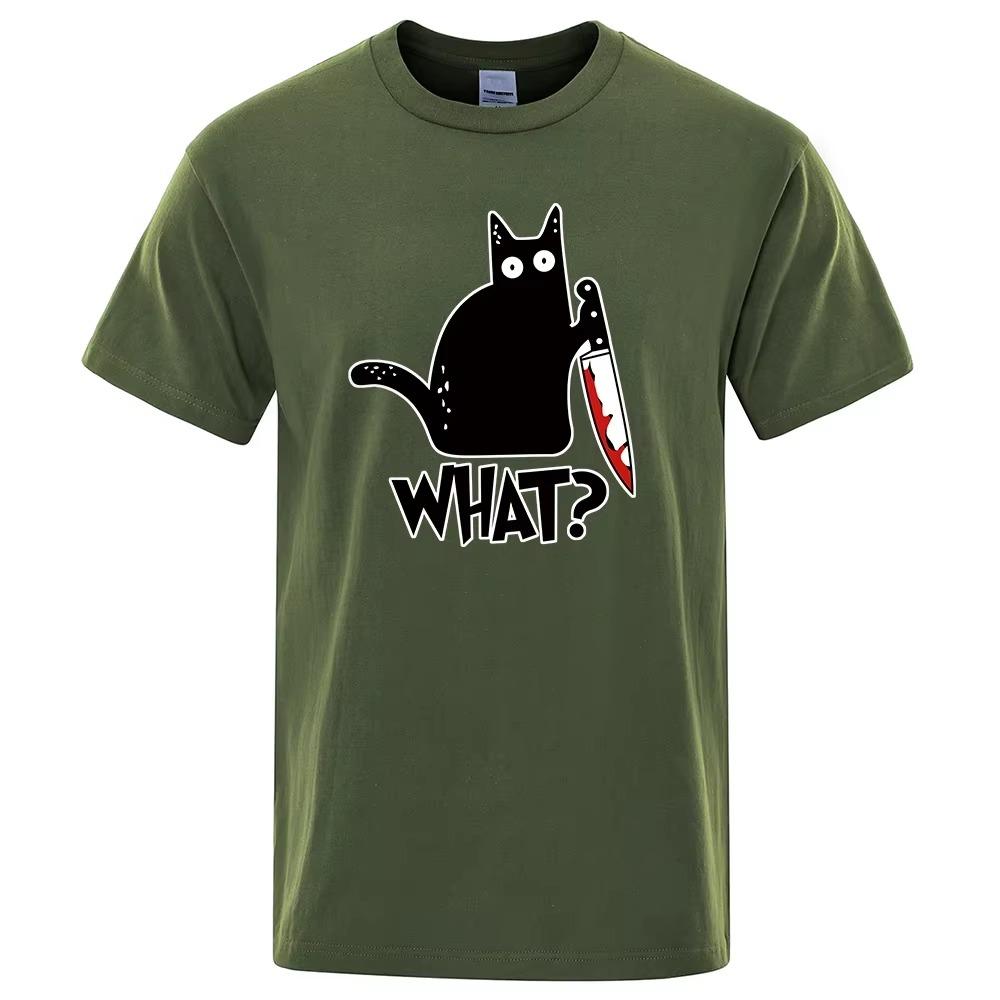 Funny Knife Cat Cartoon Printed T-Shirt Men Fashion Casual Short Sleeves Loose Oversized Cotton Tshirt Summer Breathable Tees