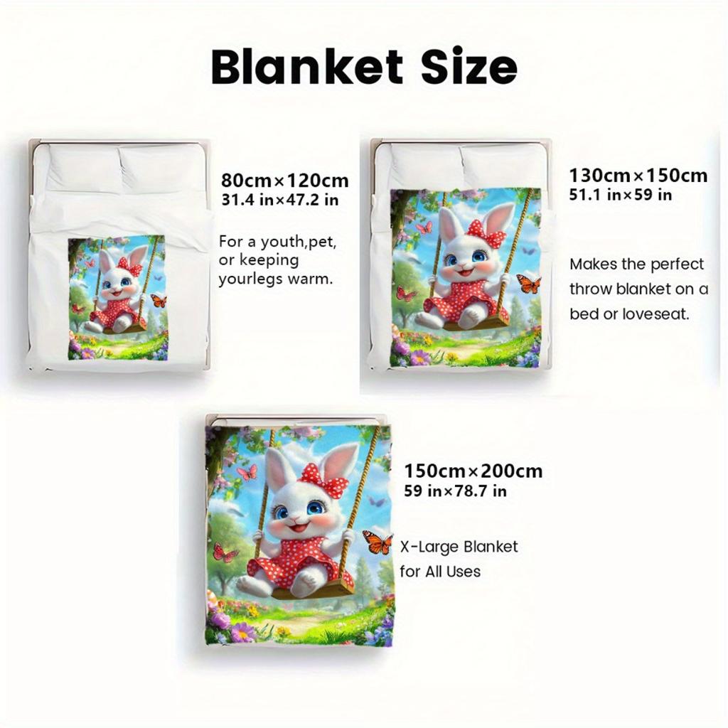 Adorable Bunny on Swing Blanket Spring Garden Scene Cute Animal Print Flannel Throw Blanket for Kids Girls BedroomDecorationGift