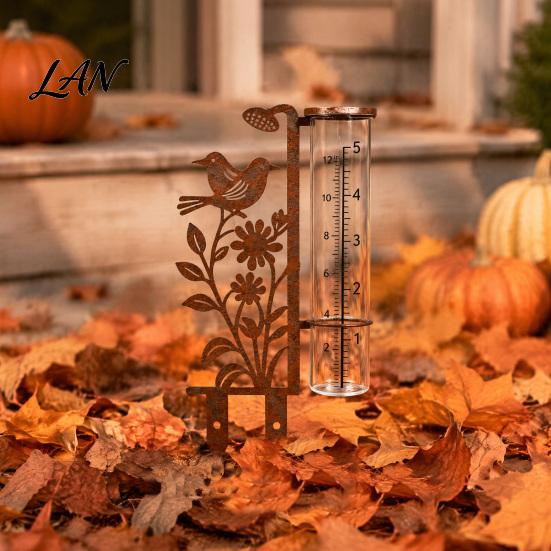 Decorative Bird And Flower Rain Gauge Outdoor, 7.8 Inch Gauges for Measuring Precipitation, Freeze Proof Artistic Metal Gauge, Vintage Garden