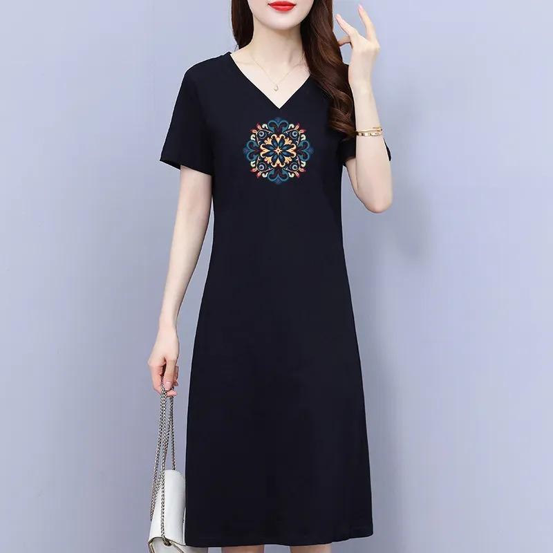 Women s Casual V-Neck Midi Dress Short Sleeve Ethnic Floral Print Loose T-Shirt Dress S