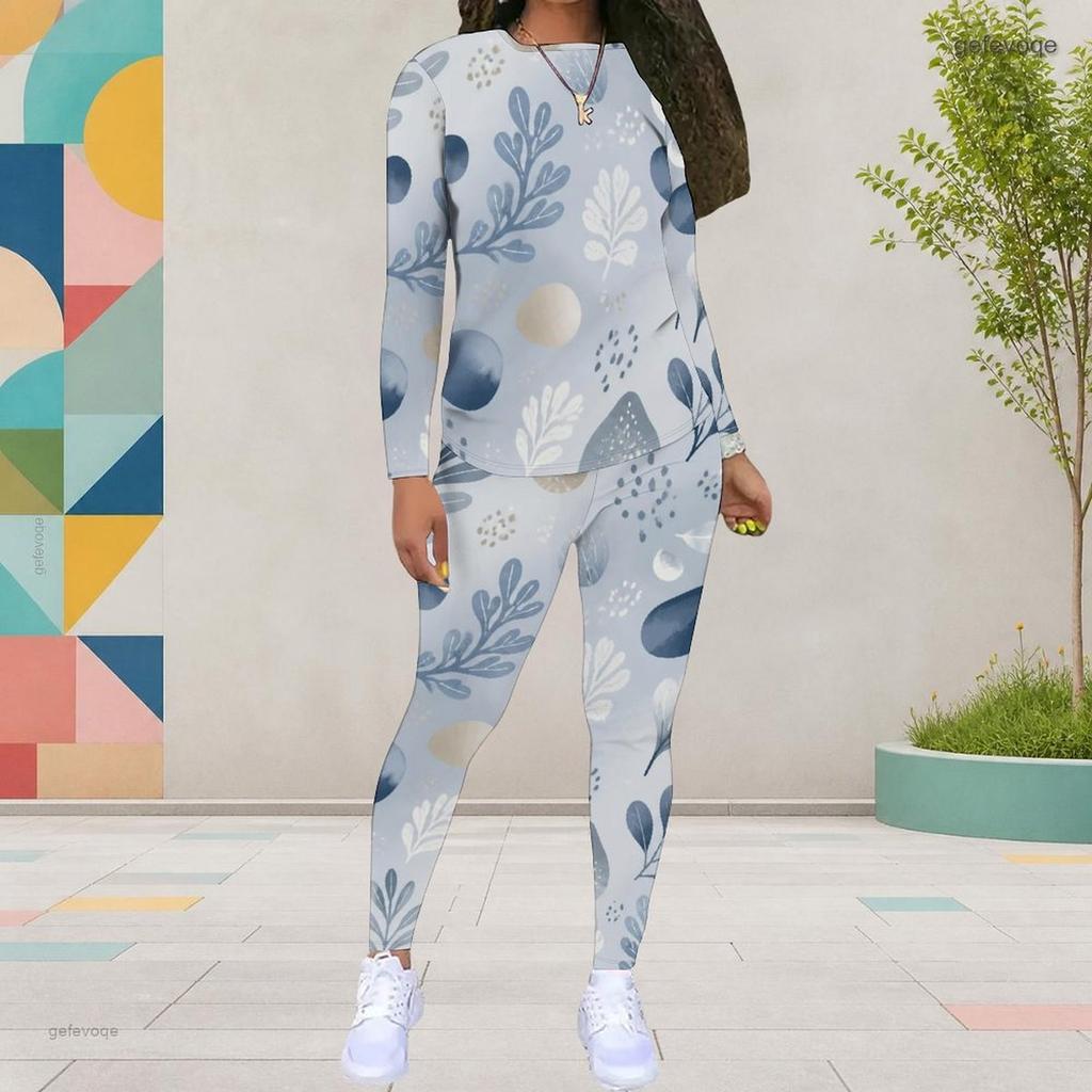 Women Plus Size Black Burgundy Printed Two Piece Set Round Neck Long Sleeve Top And Fitted Pants
