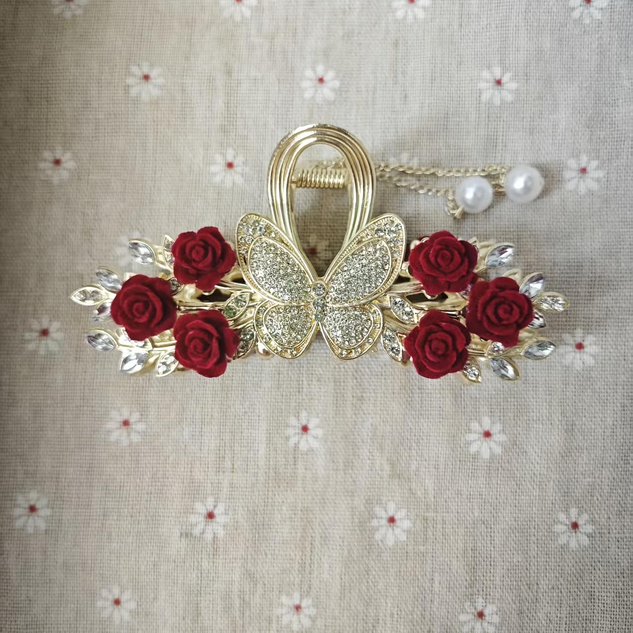 1PC Antique Red Rose Butterfly Fringed Hairpin Women s Back Head Grab Clip Advanced Shark Clip Headdress