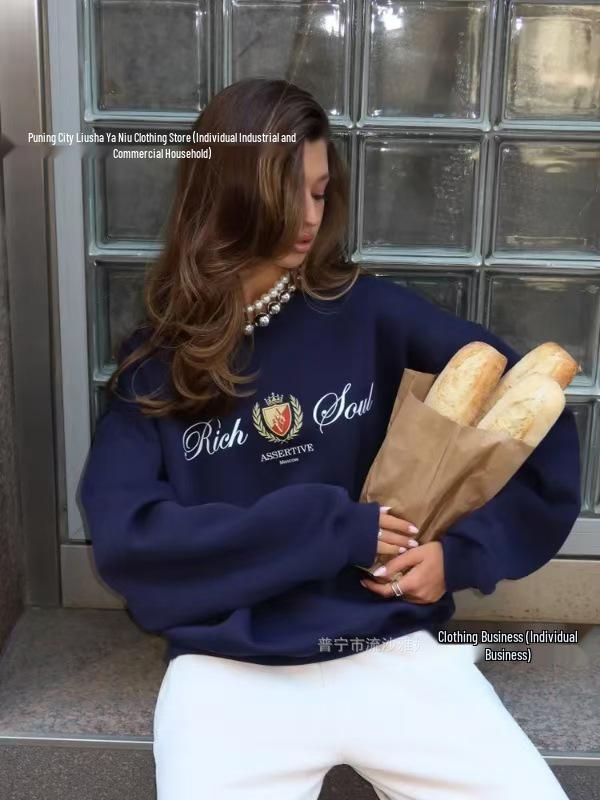 European Autumn/Winter 2025 Women's Stylish Printed Pullover: Loose, Versatile, Plus Velvet, Round Neck Sweatshirt