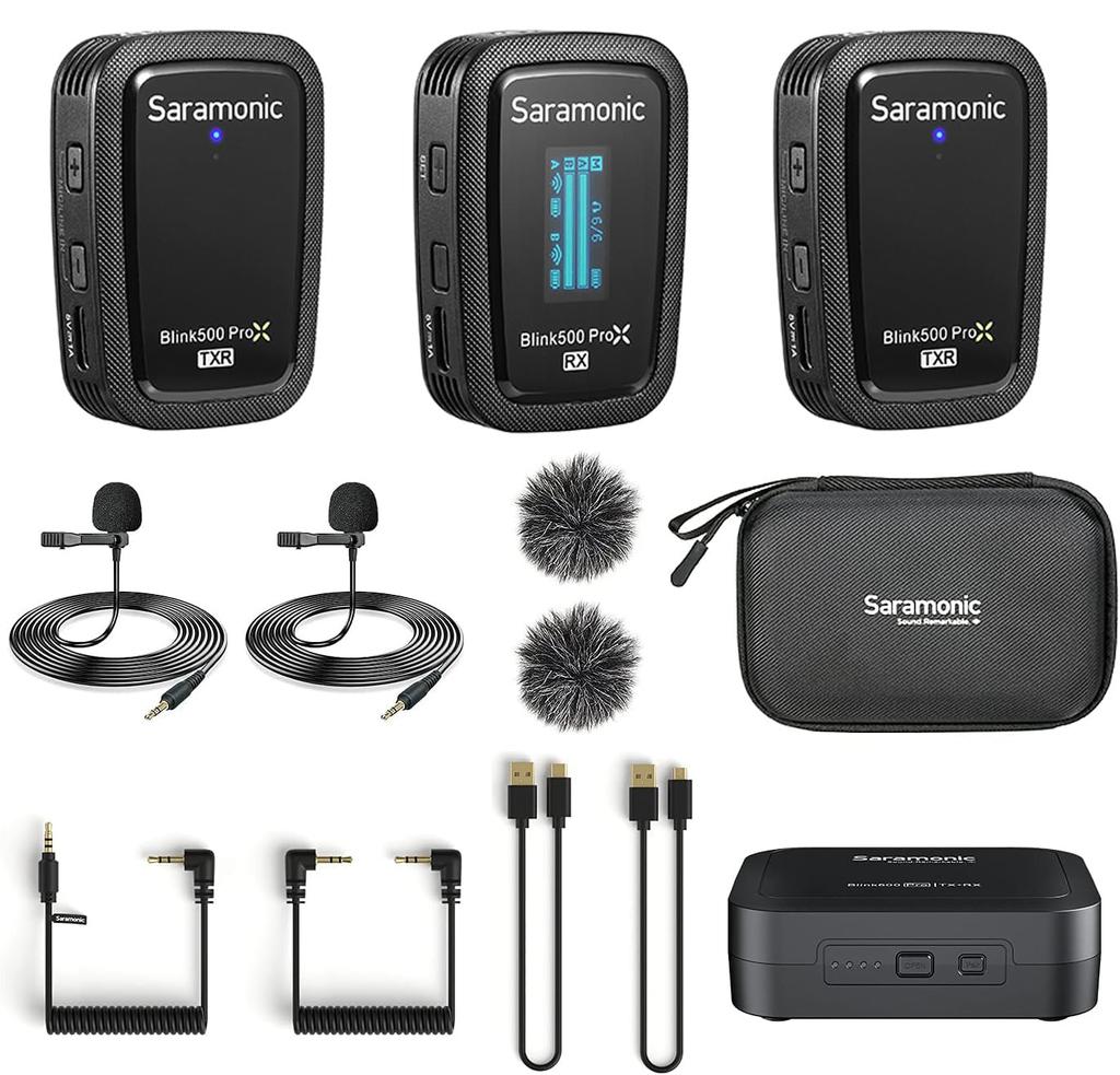 Saramonic Blink500ProX-B2R-JPWB 2.4G Wireless Microphone System: 2 Transmitters with Onboard Recording Function, 1 Receiver, Black, Lavalier